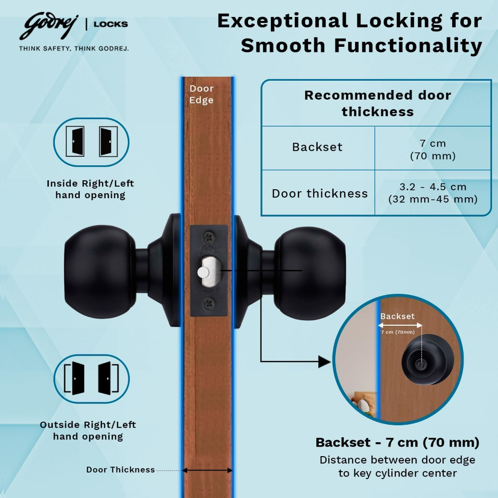 Godrej Cylindrical Lock | With 3keys | Single Panel Door Lock | Suitable for Bedroom Doors & Inter-Connected Doors | Backset 70mm |Door Thickness 32mm to 45mm | Matte Black finish | 5 Years Warranty